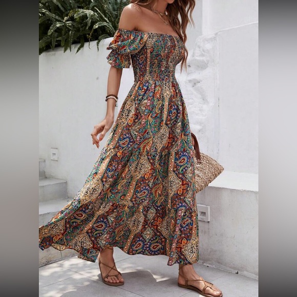 Boho floral paisley print off shoulder maxi  dress - Picture 1 of 11